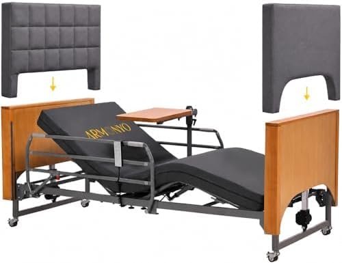 Electric Hospital Bed for Home Use – 5 Functions, Advanced German LIMOSS Motor, Ultra-Low 8.5"–25" Adjustable Height, Double Solid Wood Panels with Medical Overbed Table & Foldable Rails