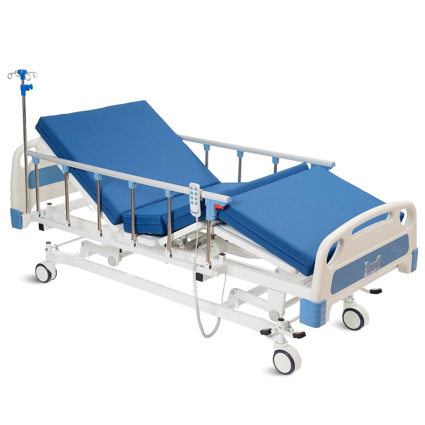 Real Relax Premium 3 Function Full Electric Hospital Bed (with Mattress &amp; IV Pole), Premium Medical Hospital Beds, with Locking Casters, Motor, 530LBS Loading, Includes Sheets (2X)