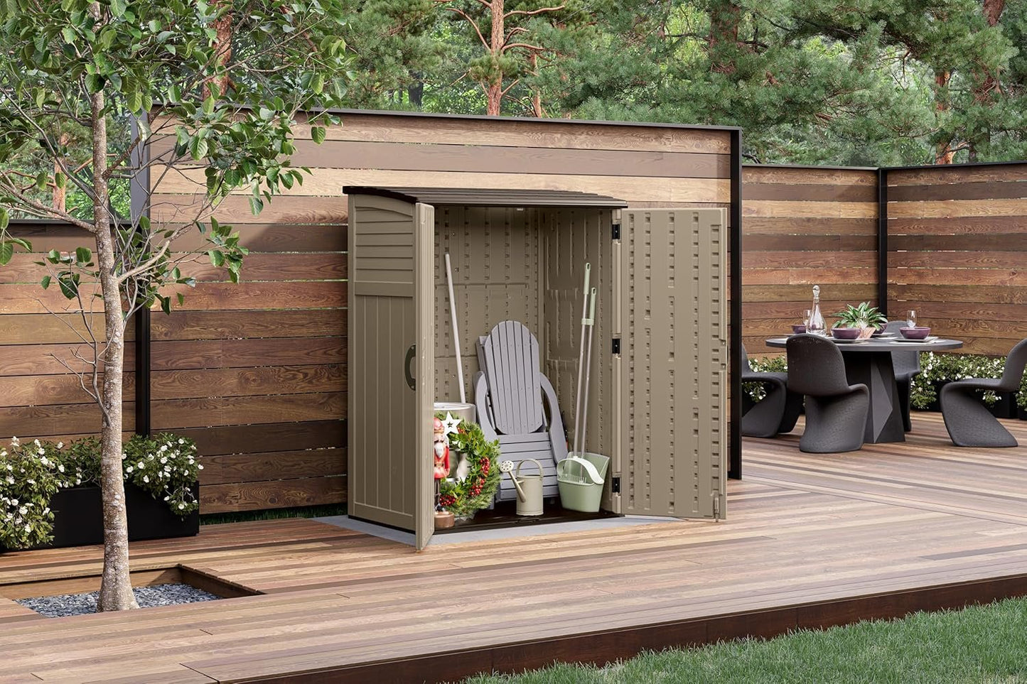 Suncast 54 Cubic Feet Vertical Storage Shed with Durable Plastic Construction, Multiple Wall Panels and Ample Space for Outdoor Storage