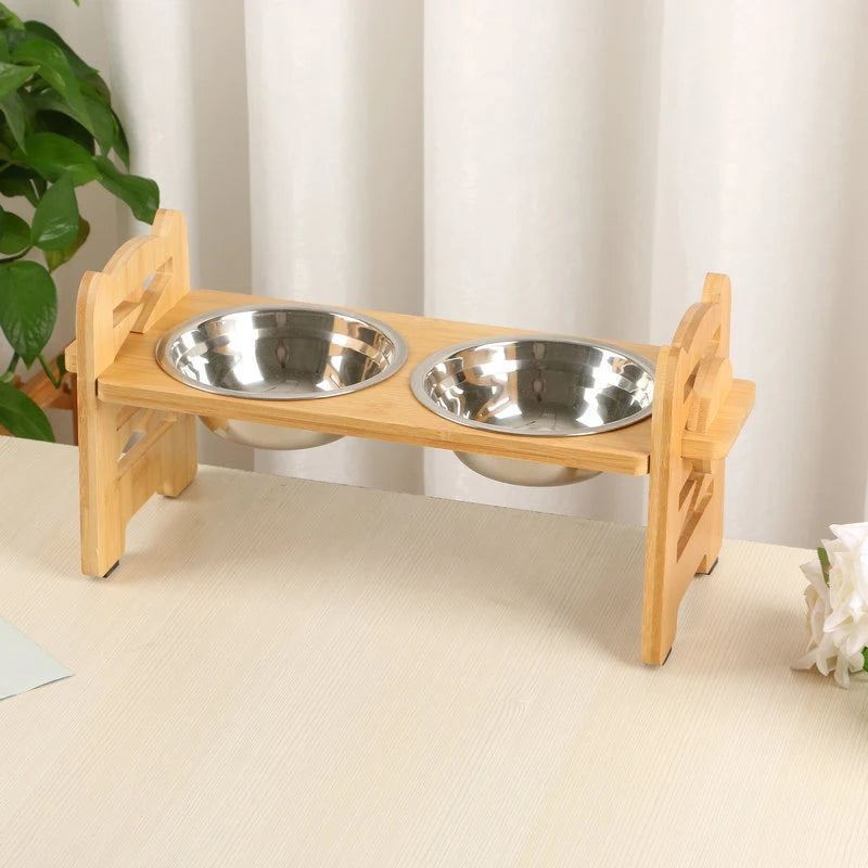 Bamboo Elevated Dog Bowls with Stand, Adjustable, Raised, Puppy, Cat, Food, Water Bowls, Holder, Feeder for Small and Medium Pet