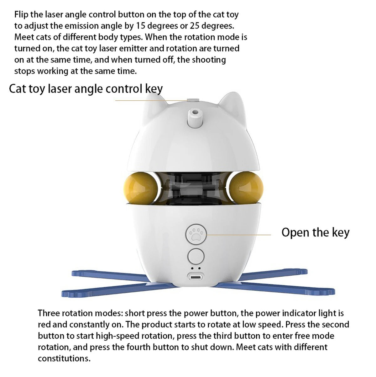 Multifunctional Cat Teaser Toy - Detachable Wand, Laser Pointer, Automatic Direction - changing, 3 Rotation Mode
