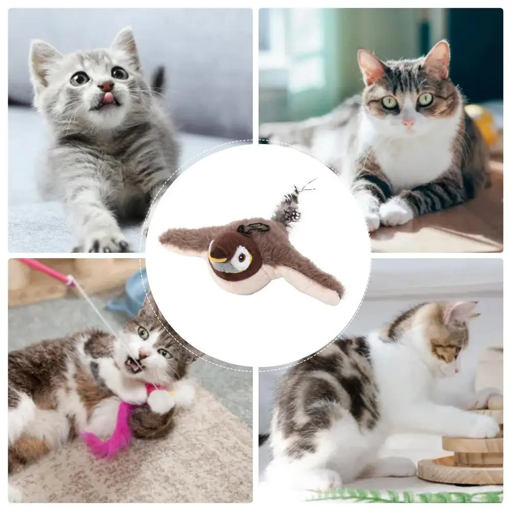 Interactive Cat Toys Chirping Bird Cat Toy Sparrow Plush Toys USB Rechargeable Kitten Toys Flapping Wings Interactive Cat Toy
