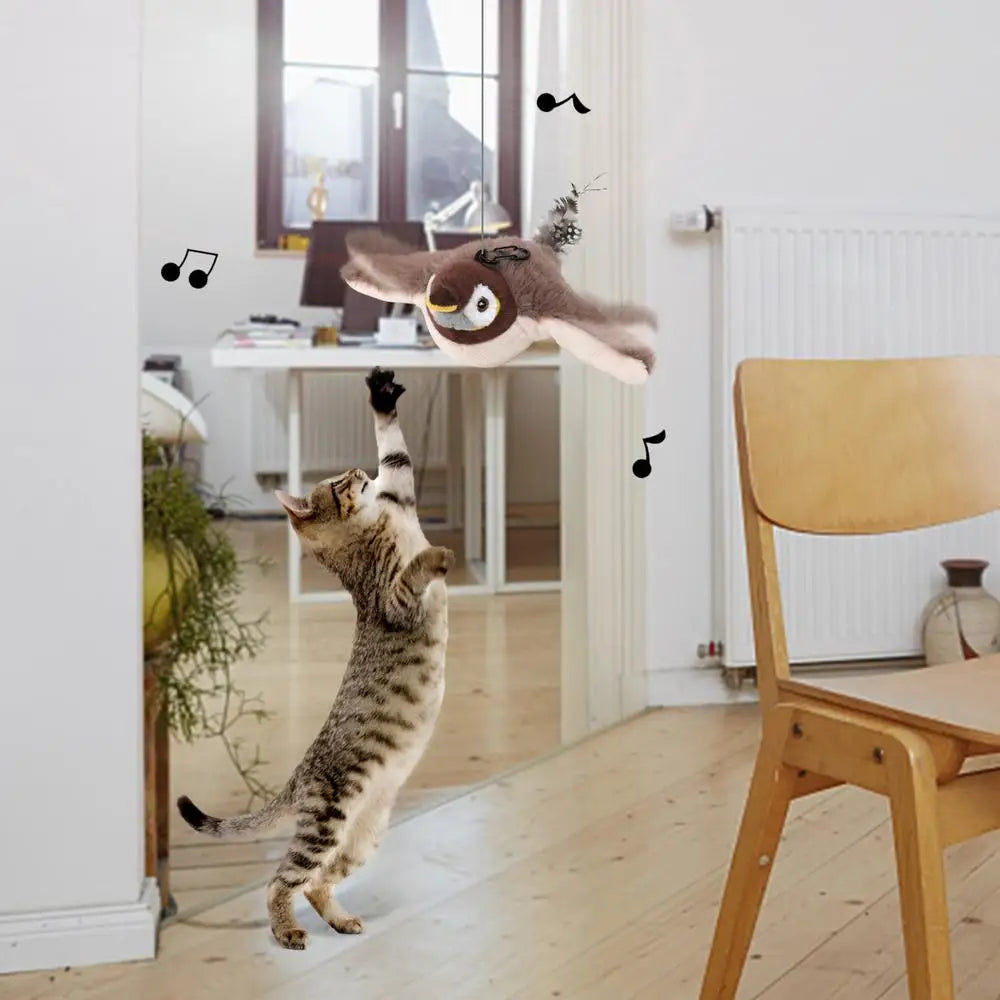 Interactive Cat Toys Chirping Bird Cat Toy Sparrow Plush Toys USB Rechargeable Kitten Toys Flapping Wings Interactive Cat Toy