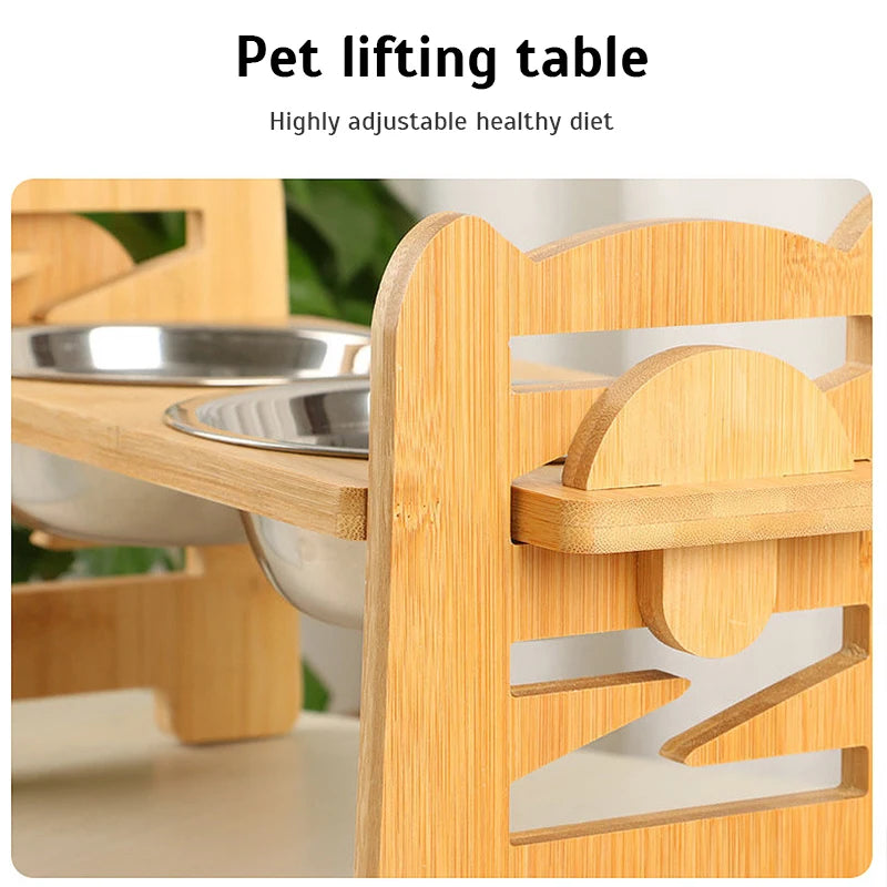 Bamboo Elevated Dog Bowls with Stand, Adjustable, Raised, Puppy, Cat, Food, Water Bowls, Holder, Feeder for Small and Medium Pet