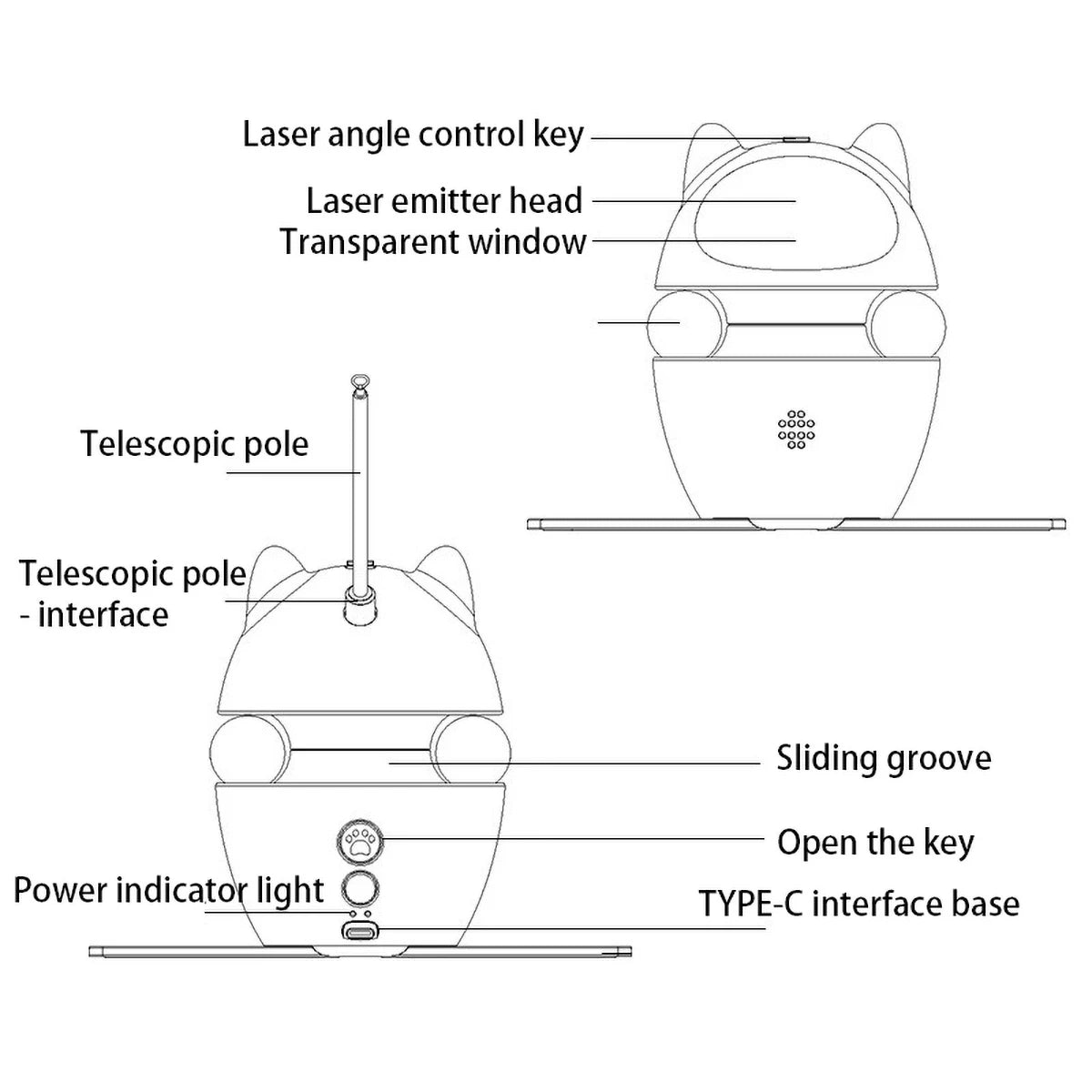 Multifunctional Cat Teaser Toy - Detachable Wand, Laser Pointer, Automatic Direction - changing, 3 Rotation Mode