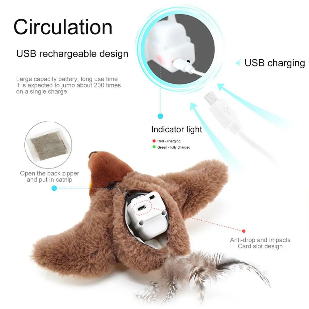 Interactive Cat Toys Chirping Bird Cat Toy Sparrow Plush Toys USB Rechargeable Kitten Toys Flapping Wings Interactive Cat Toy