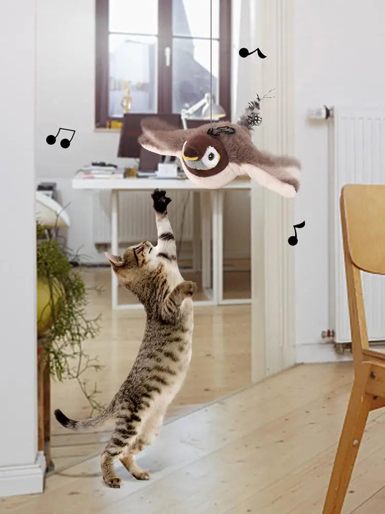 Interactive Cat Toys Chirping Bird Cat Toy Sparrow Plush Toys USB Rechargeable Kitten Toys Flapping Wings Interactive Cat Toy