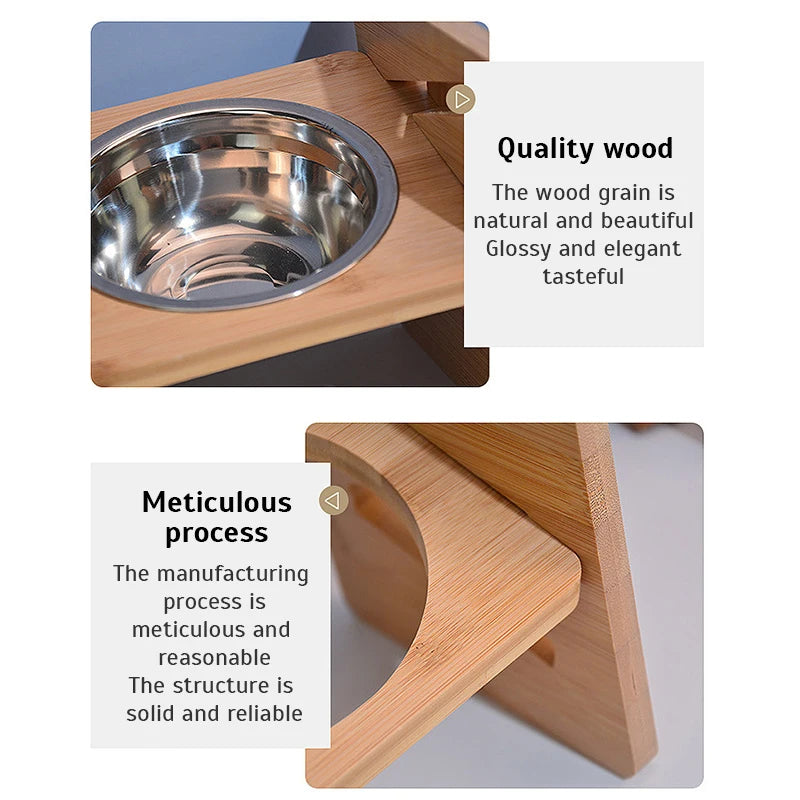 Bamboo Elevated Dog Bowls with Stand, Adjustable, Raised, Puppy, Cat, Food, Water Bowls, Holder, Feeder for Small and Medium Pet