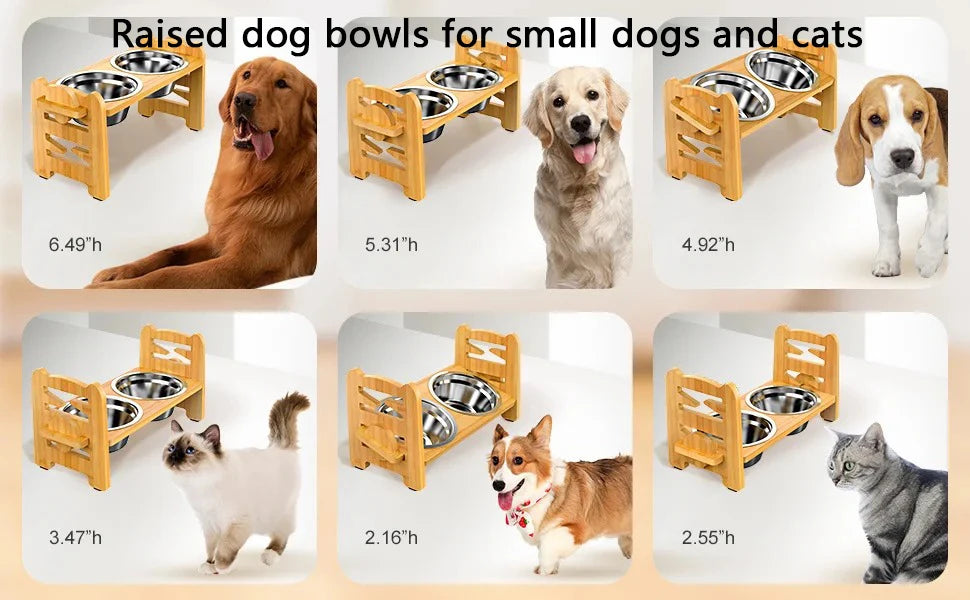 Bamboo Elevated Dog Bowls with Stand, Adjustable, Raised, Puppy, Cat, Food, Water Bowls, Holder, Feeder for Small and Medium Pet