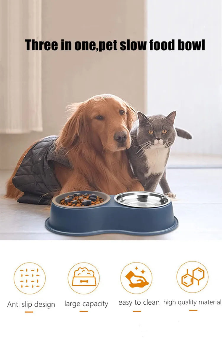 3 In 1 Triple Dog Bowl Removable Stainless Steel Pet Slower Food Bowl Anti-choking Food Water Feeder For Dogs Cat Accessories