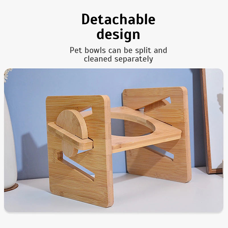 Bamboo Elevated Dog Bowls with Stand, Adjustable, Raised, Puppy, Cat, Food, Water Bowls, Holder, Feeder for Small and Medium Pet