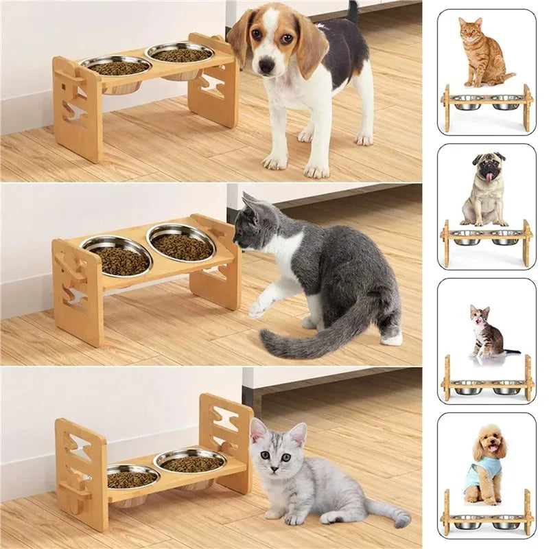 Bamboo Elevated Dog Bowls with Stand, Adjustable, Raised, Puppy, Cat, Food, Water Bowls, Holder, Feeder for Small and Medium Pet