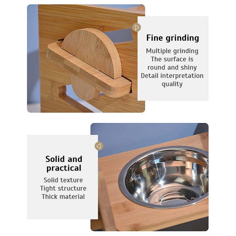 Bamboo Elevated Dog Bowls with Stand, Adjustable, Raised, Puppy, Cat, Food, Water Bowls, Holder, Feeder for Small and Medium Pet