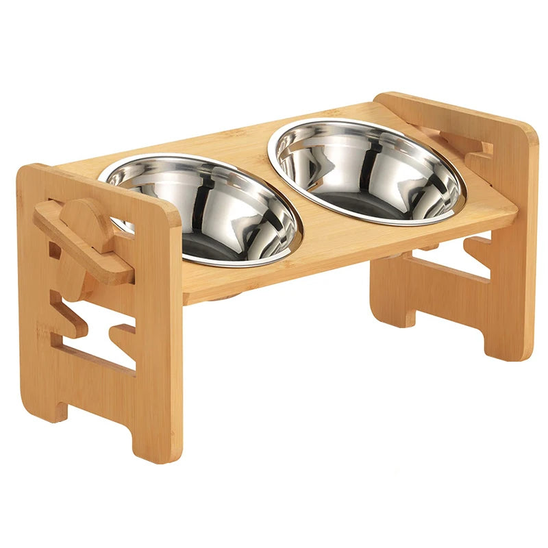Bamboo Elevated Dog Bowls with Stand, Adjustable, Raised, Puppy, Cat, Food, Water Bowls, Holder, Feeder for Small and Medium Pet