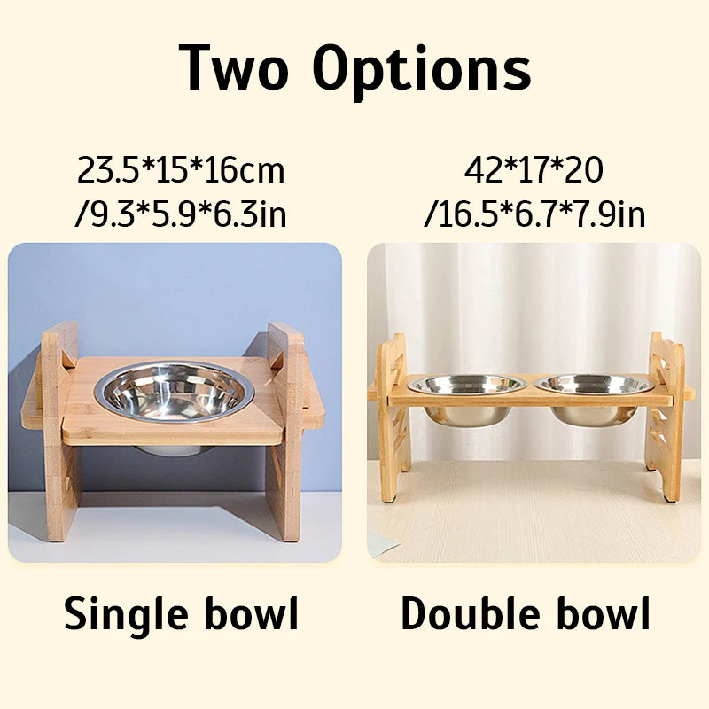 Bamboo Elevated Dog Bowls with Stand, Adjustable, Raised, Puppy, Cat, Food, Water Bowls, Holder, Feeder for Small and Medium Pet