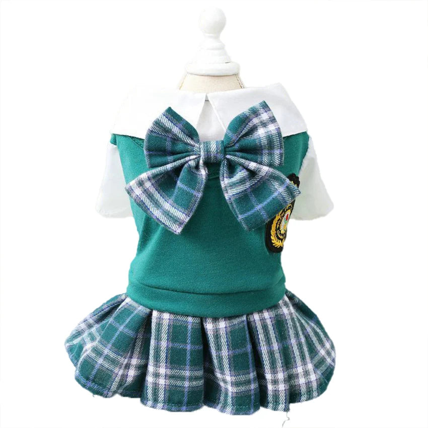 School uniform for pets Dog JK dress Green cat dress Preppy dress Bow PLAID
